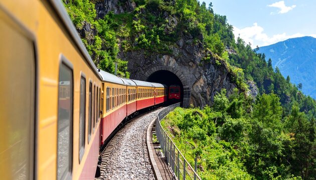 Scenic alpine train journey approaching tunnel amidst lush greenery and majestic mountains
