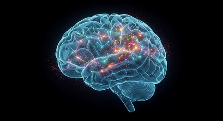 Crystalline Brain Illuminated by a Web of Colorful, Glowing Neural Pathways