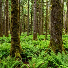 Lush forest floor covered in ferns