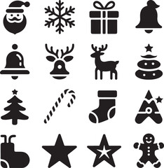 Minimalist Holiday Black Icon Collection &ndash; High-Contrast Christmas Vector Set with Santa, Reindeer, Bells, Stars, and Trees  Professional, Editable, Ideal for Print & Digital Use