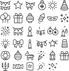 Collection of hand drawn festive celebration icons including balloons gifts fireworks masks candles and party hats for holidays and events