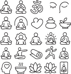 Collection of hand drawn yoga and meditation icons representing peace serenity mindfulness and wellness activities