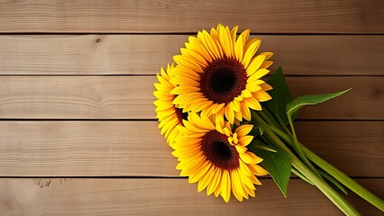 Sunflower bouquet on a rustic wooden surface with warm directional lighting.