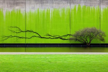 Lime green wall with bare tree branches, reflecting water