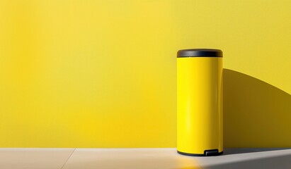 Minimalist bright yellow background for product, featuring a single large modern eco-friendly trash can with sleek design under lighting to emphasize its aesthetic and functionality
