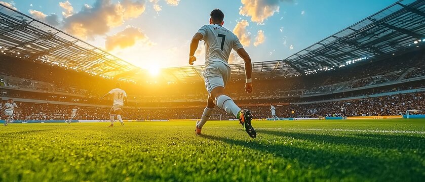 Action-Packed Soccer Match at Sunset in a Crowded Stadium