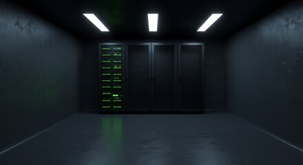 Dark Server Room with Glowing Green Racks and Stark Overhead Lighting