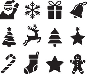 Black Silhouette Christmas Vector Icons Minimalist Holiday Graphic Pack Featuring Santa, Tree, Bell, Star, and Snowflake &ndash; Editable High-Quality Design for Stickers & Merch