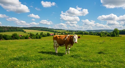 Curious Simmental Cow in a Vibrant Wildflower Meadow Under a Puffy Cloud Sky