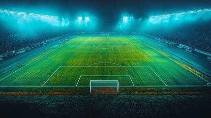 Aerial View of Soccer Field Under Night Lights with Foggy Atmosphere