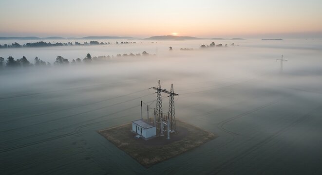 Dawn's Quiet Power: An Electrical Substation Amidst a Sea of Morning Fog - Powered by Adobe