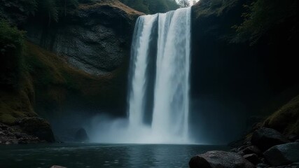 A large waterfall flows down the side of a mountain