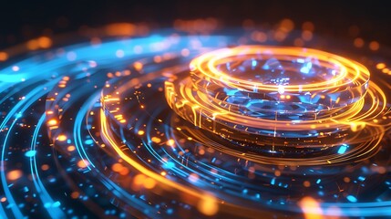 Close-up 3D render of a quantum crystal chip glowing in layered energy rings with blue heat trails .