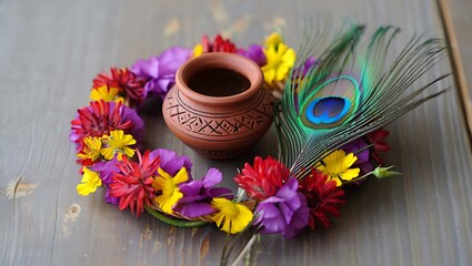 Vibrant floral wreath featuring a small earthen pot and a peacock feather creating a cultural display
