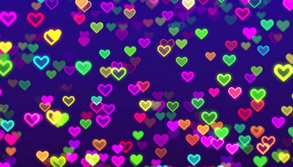 Neon Heart Bokeh on Dark Blue Background