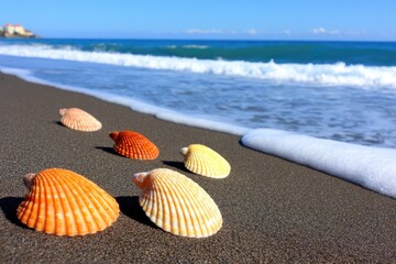 Colorful seashells on a sandy beach, ocean waves