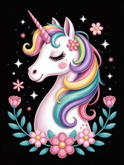 Obraz premium A lovely illustration of a unicorn head with pastel rainbow hair, surrounded by charming flowers and stars on a black background.