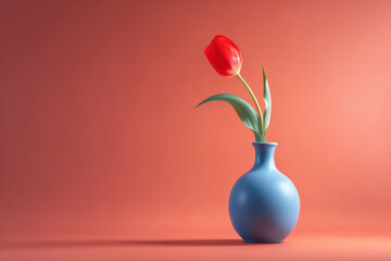 Elegant red tulip gracefully emerges from a blue vase, set against a warm, complementary backdrop.