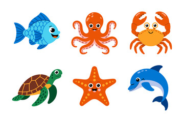 Cartoon sea animals set, fish octopus crab turtle starfish dolphin vector, playful marine illustration, ocean life clipart, preschool education elements