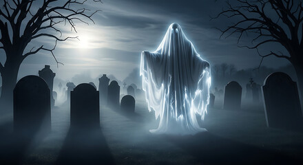 Ghostly figure in cemetery with tombstones and bare trees