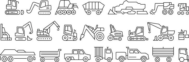 Heavy construction vehicle icon set featuring excavators, bulldozers, dump trucks, loaders, cranes, tractors, and industrial machinery in black outlines