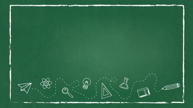 calk border frame and stationary elements on green chalkboard animation, back to school education and science social media motion background	