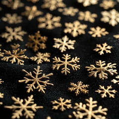 Holiday Merry Christmas, Happy New Year. Dark black background golden Christmas snowflakes close up