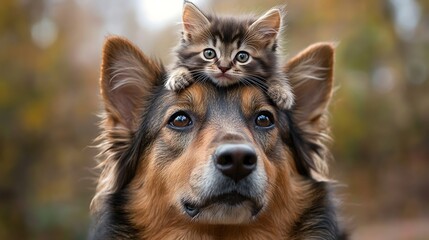 Close up of a kitten sitting on the head of a german shepherd dog looking at the camera outdoors