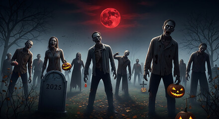 Zombie horde in cemetery under red moon on halloween