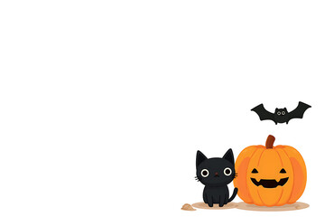 Cute Halloween scene featuring a black cat beside a carved pumpkin with a bat overhead