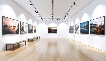 Modern Art Gallery Interior with Diverse Artwork Displayed on White Walls