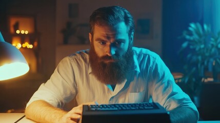 Focused bearded programmer working late at night, illuminated by the screen glow