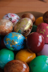 Colorful shiny Easter eggs close-up