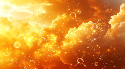Abstract celestial landscape with glowing clouds and molecules