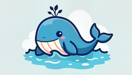 Naklejka premium Cute cartoon whale swimming in blue water 