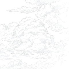 Vintage style engraving of cumulus clouds in the sky. Hand-drawn monochrome weather background illustration.