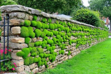 Moss-covered stone wall with garden setting