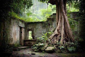 Jungle-engulfed ruins, overgrown temple