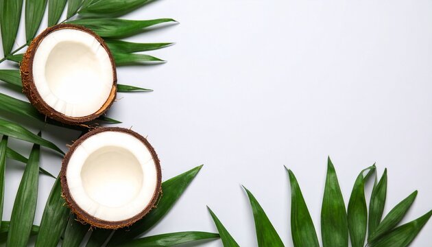 Fresh Coconut Halves with Tropical Palm Leaves