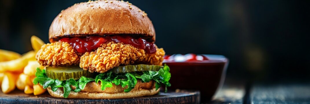 Deliciously Crispy Chicken Sandwich with Golden French Fries and Sweet Sauce for Game Day Feast