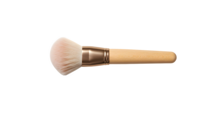 Blush makeup brush with wooden handle shows texture in studio lighting. Use for product photography, makeup ads, beauty blogging.