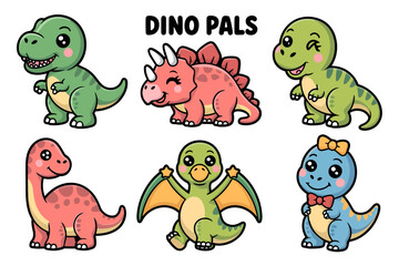Obraz premium Kawaii dinosaur friends pack, smiling tyrannosaurus stegosaurus triceratops, cute flat vector, sticker ready artwork