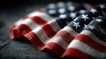 Close-up of American Flag Fabric with Stars and Stripes on Dark Background