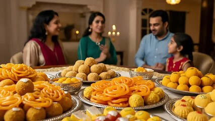 Joyful Family Gathering Celebrating Traditional Festive Sweets and Snacks at Home