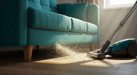 Dynamic close-up of a teal sofa being vacuumed, dust particles caught in sunlight.