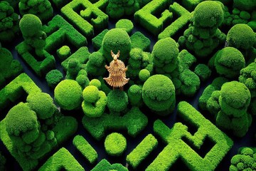 Intricate topiary maze of vibrant green bushes