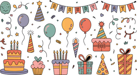 Assorted birthday themed elements including cakes balloons and gifts on a white background in cartoon style