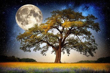 Full moon over a field of flowers, with large tree