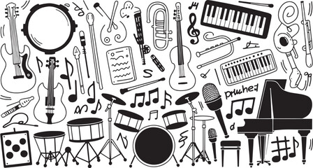 Obraz premium A collection of musical instruments and symbols in a hand drawn doodle style on a white background