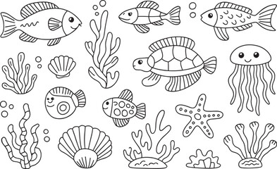 Obraz premium Black and white outline drawing of various sea creatures and plants on a white background pattern